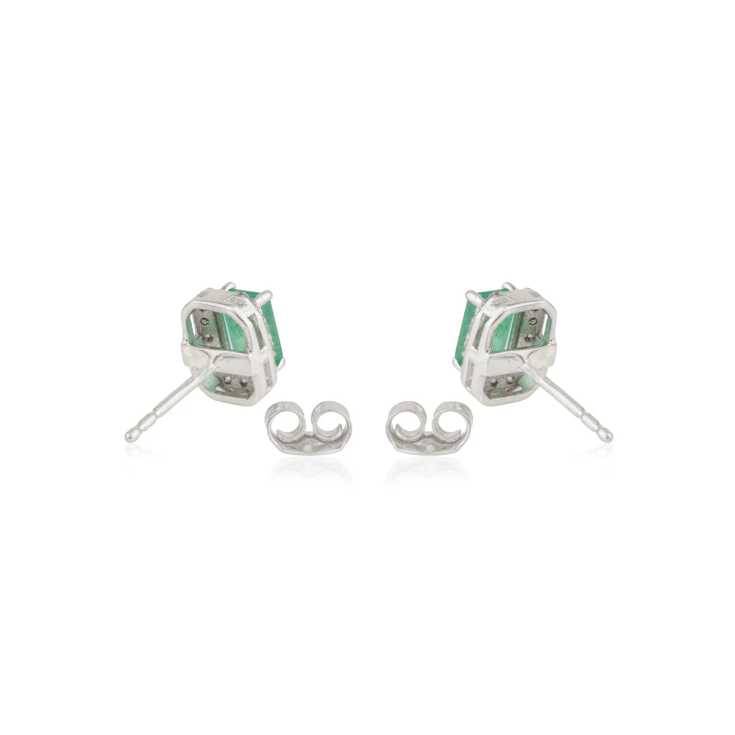 Minimal Design 925 Sterling Silver Natural Emerald & Diamond Halo Studs Fine Earring