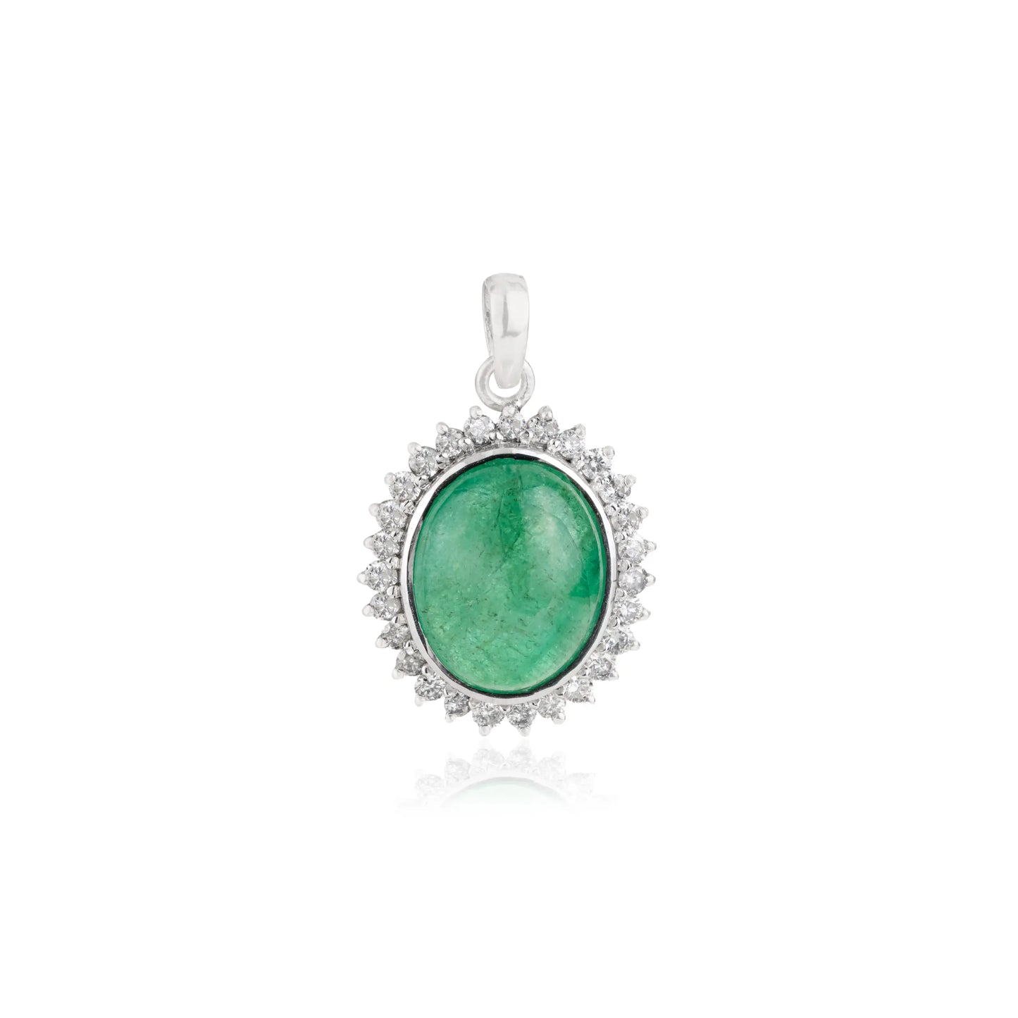 Trending Oval Shape Natural Emerald & Diamond May Birthstone Halo Pendant In 925 Silver