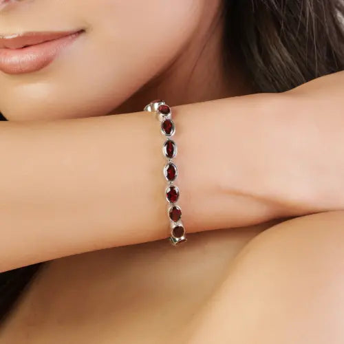 Stunning 925 Sterling Silver Oval Cut Natural Garnet Tennis Bracelet For Women's Party Wear
