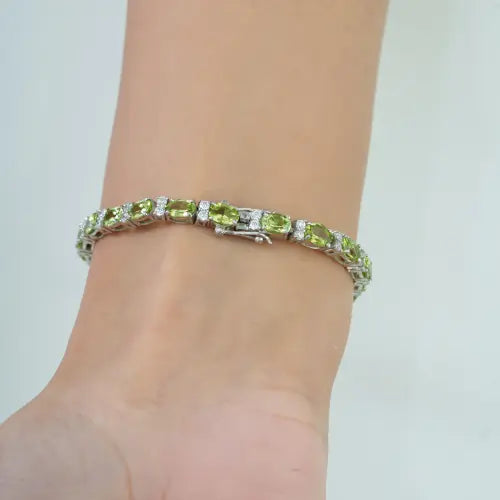 Oval Cut Natural Peridot & Diamond Tennis Bracelet Fine 925 Silver Birthstone Jewelry For Women