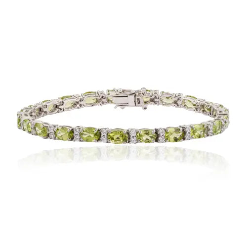 Oval Cut Natural Peridot & Diamond Tennis Bracelet Fine 925 Silver Birthstone Jewelry For Women