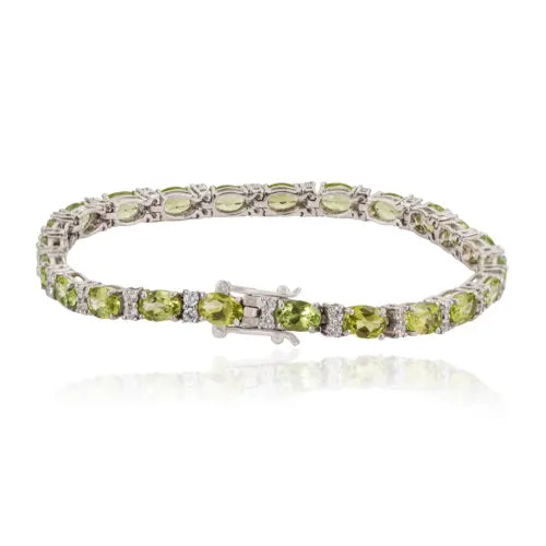 Oval Cut Natural Peridot & Diamond Tennis Bracelet Fine 925 Silver Birthstone Jewelry For Women