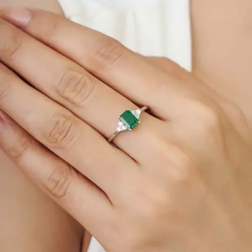 Precious Gemstone Emerald & Diamond Fine 925 Sterling Silver Ring For Women's Daily Wear