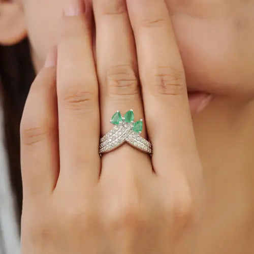 925 Sterling Silver Three Stone Pear Emerald & Diamond Pavé Chevron Ring For Women's