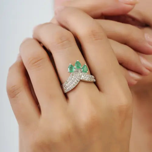 925 Sterling Silver Three Stone Pear Emerald & Diamond Pavé Chevron Ring For Women's