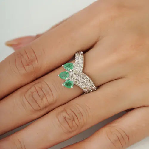 925 Sterling Silver Three Stone Pear Emerald & Diamond Pavé Chevron Ring For Women's