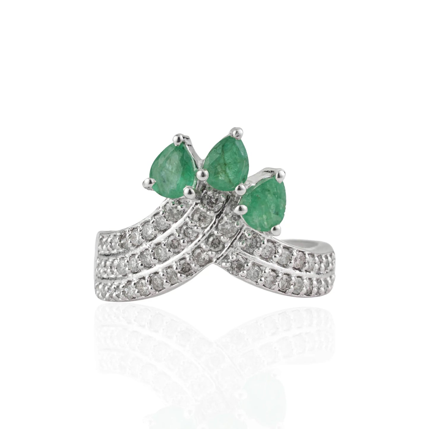 925 Sterling Silver Three Stone Pear Emerald & Diamond Pavé Chevron Ring For Women's