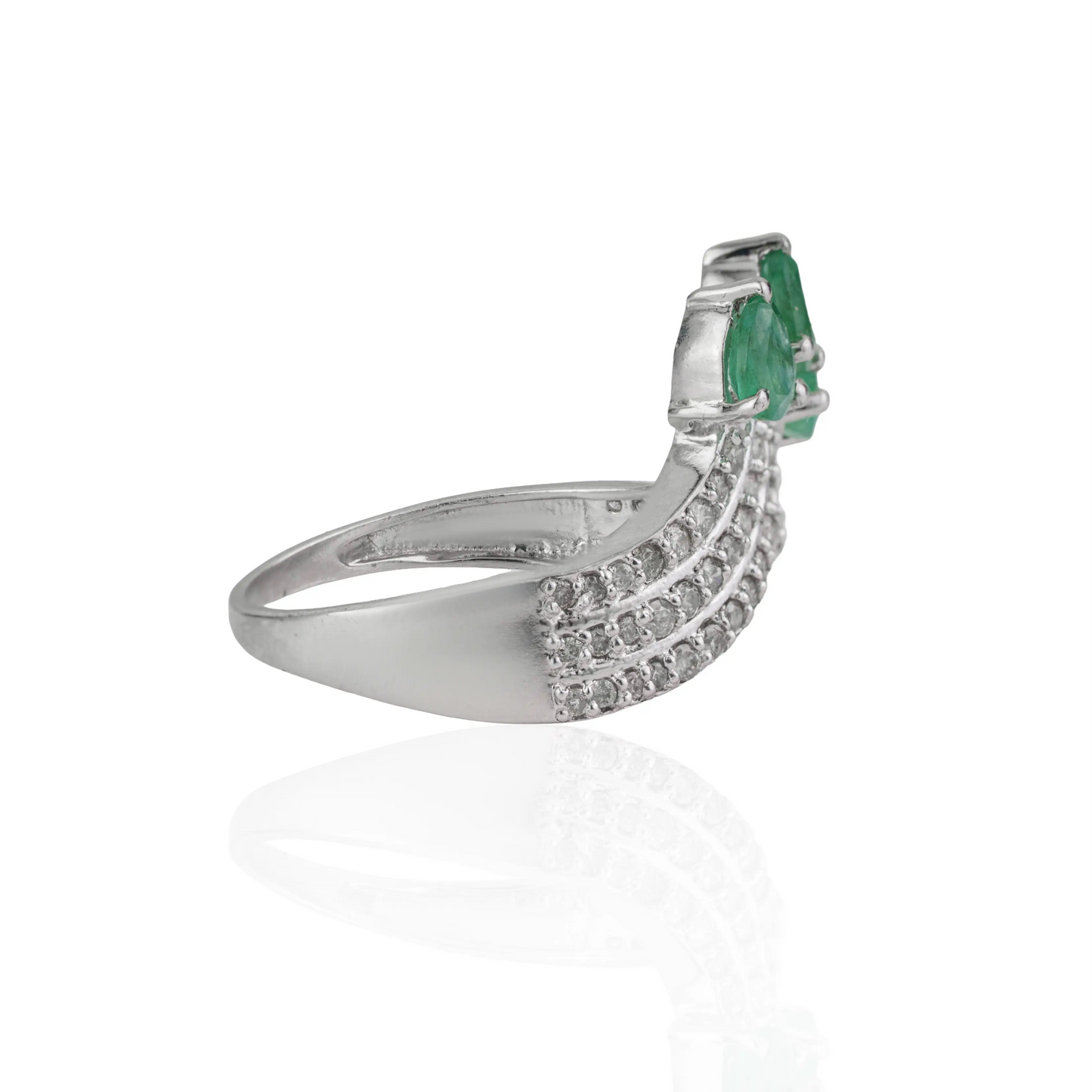 925 Sterling Silver Three Stone Pear Emerald & Diamond Pavé Chevron Ring For Women's