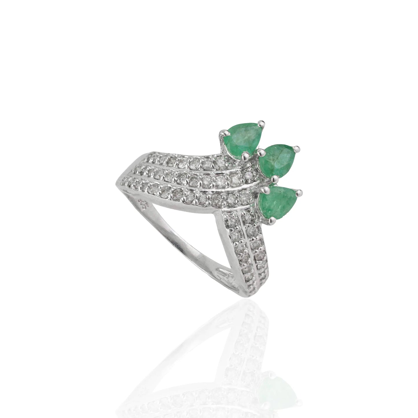925 Sterling Silver Three Stone Pear Emerald & Diamond Pavé Chevron Ring For Women's