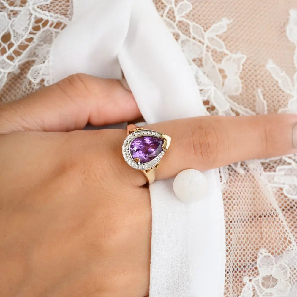 Elegant Pear Cut Amethyst & Diamond Cocktail Ring in 14k Yellow Gold