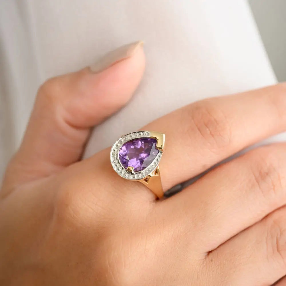 Elegant Pear Cut Amethyst & Diamond Cocktail Ring in 14k Yellow Gold