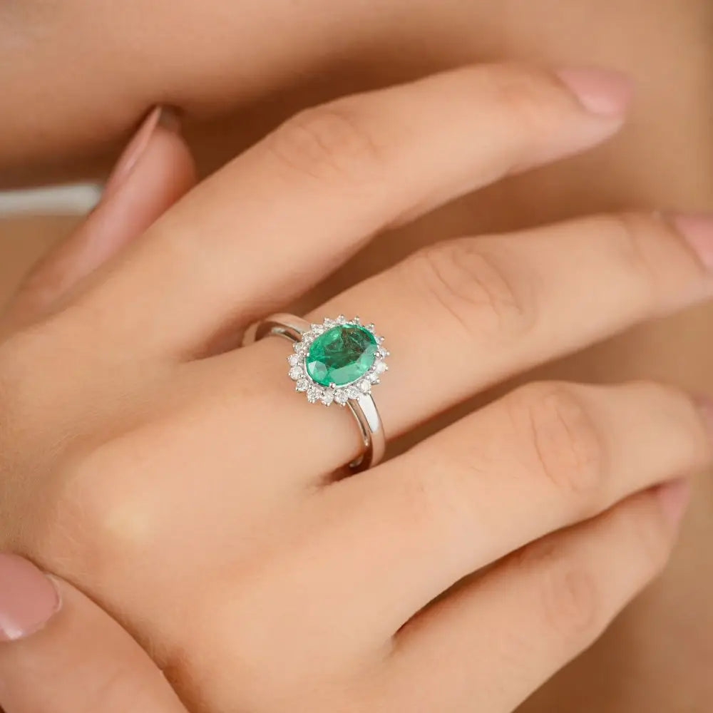 Beautiful Emerald & Halo Diamond Engagement Ring With 14k White Gold