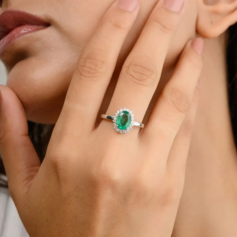 Beautiful Emerald & Halo Diamond Engagement Ring With 14k White Gold