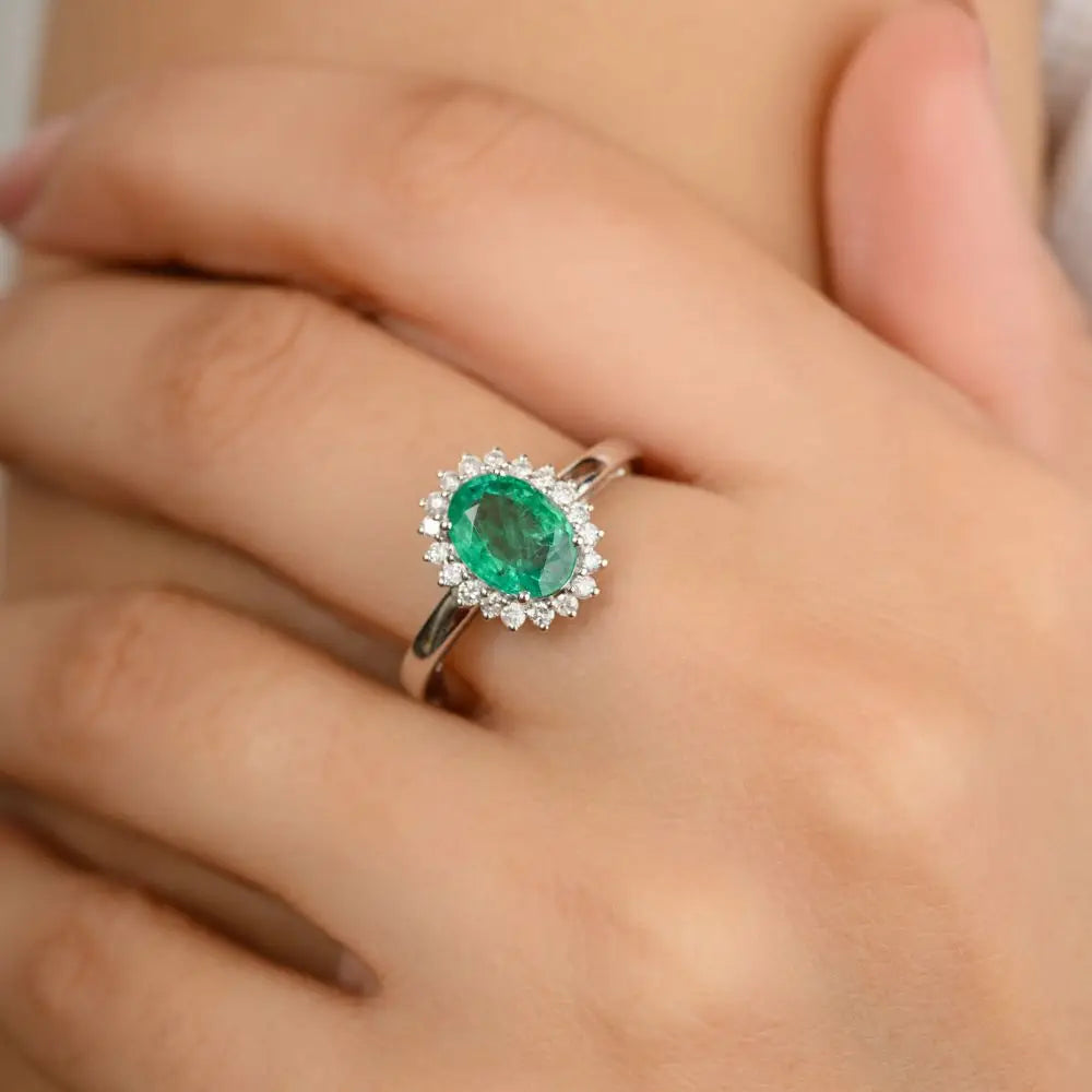 Beautiful Emerald & Halo Diamond Engagement Ring With 14k White Gold