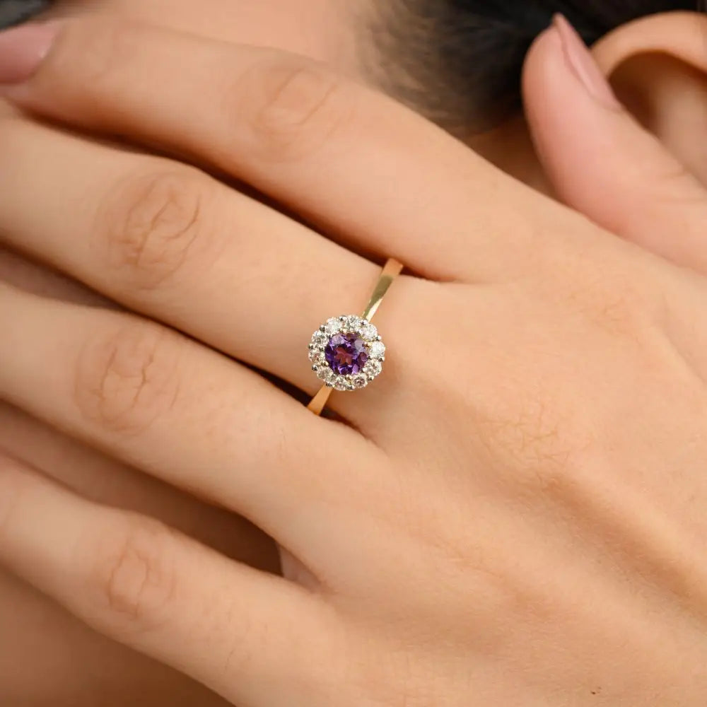 100% Natural Round Cut Amethyst and Halo Diamond Flower Ring