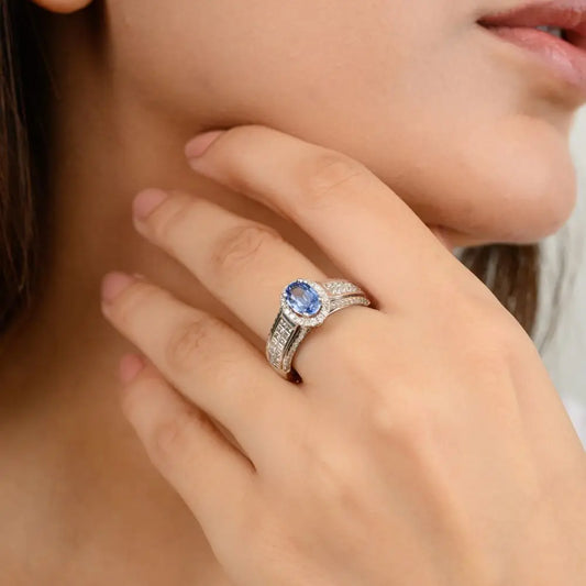 Blue Sapphire & Diamond Engagement Ring With 18k Solid White Gold