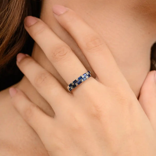 Natural Baguette Cut Blue Sapphire Bar Set Band Ring in 18k Solid White Gold