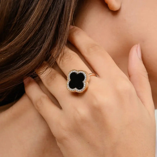 Top Quality Black Onyx & Diamond Clover Statement Ring in 18k Rose Gold