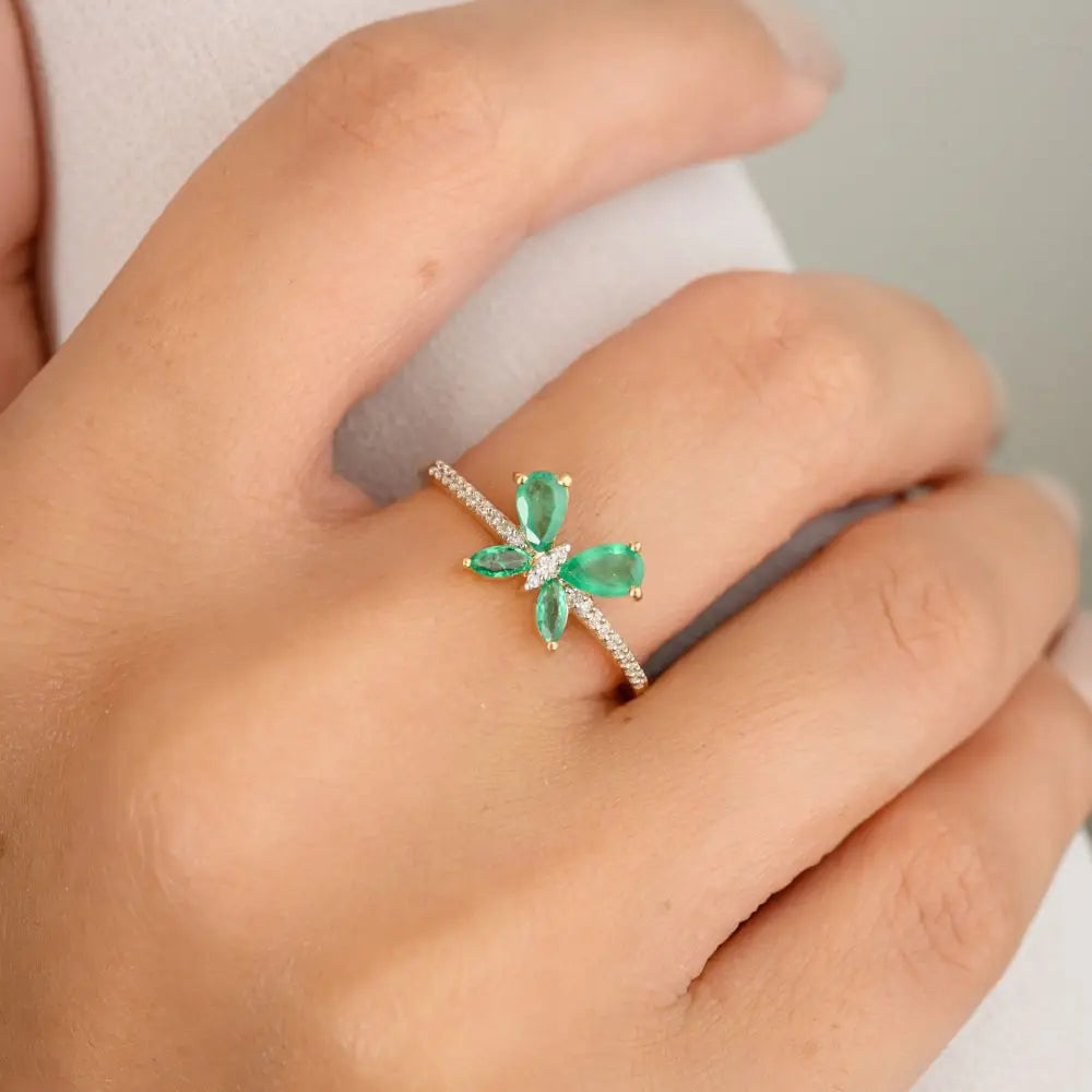 100% Handmade Natural Emerald & Diamond Dainty Butterfly Ring in 18k Yellow Ring