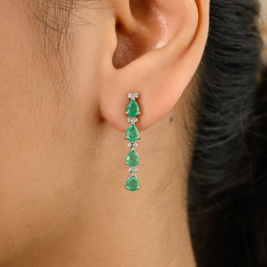 Pear Cut Emerald & Diamond Long Dangle Drop Earrings in 18k White Gold