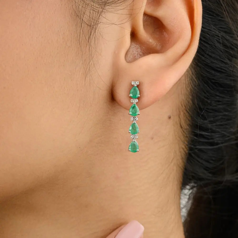 Pear Cut Emerald & Diamond Long Dangle Drop Earrings in 18k White Gold