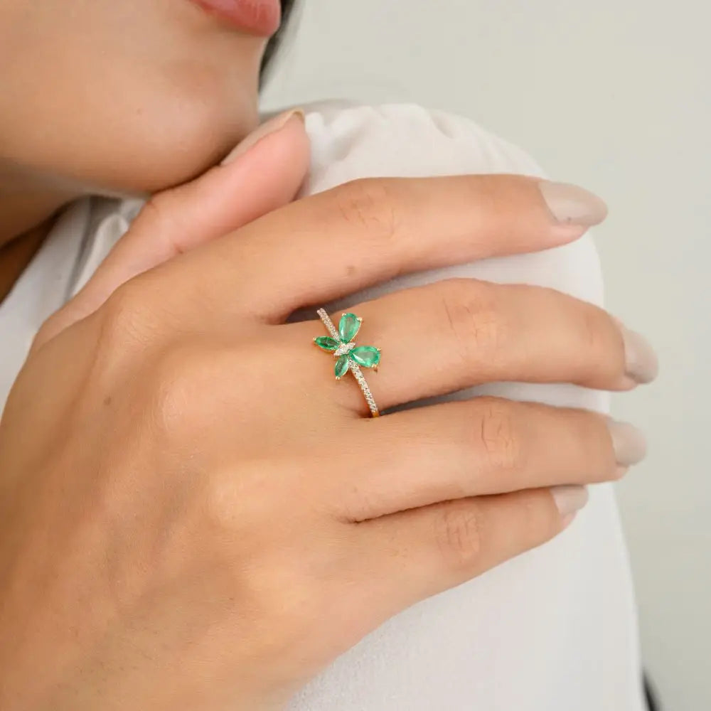 100% Handmade Natural Emerald & Diamond Dainty Butterfly Ring in 18k Yellow Ring