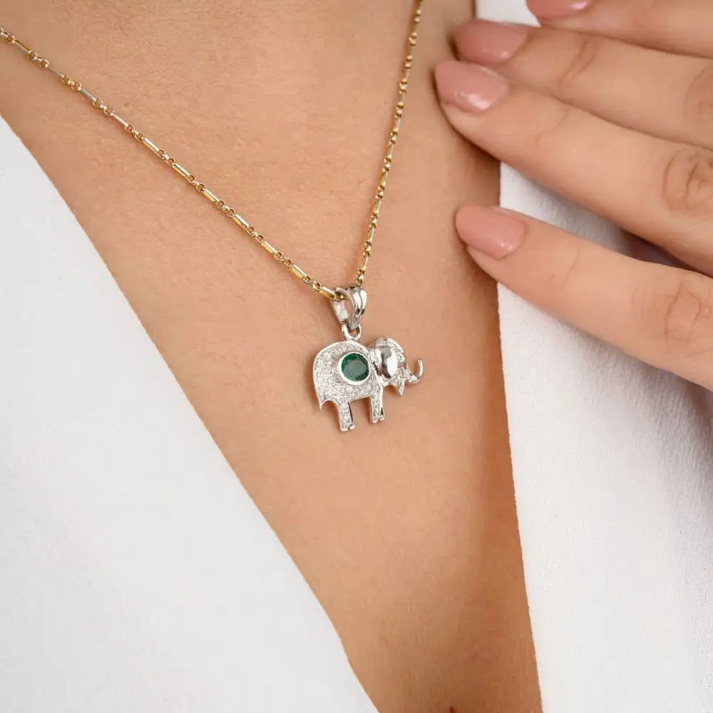 Elephant Pendant in Natural Emerald & Diamond With 18k White gold