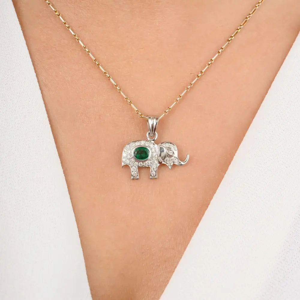 Elephant Pendant in Natural Emerald & Diamond With 18k White gold