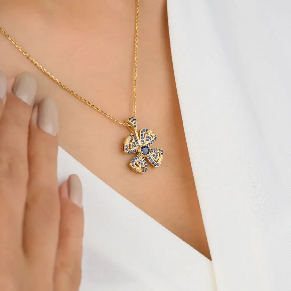 Natural Blue Sapphire Flower Necklace in 14k Solid Yellow Gold