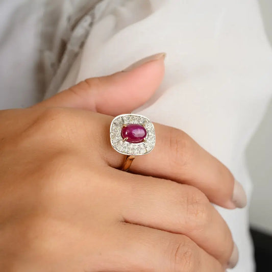 Natural Oval Cut Ruby & Diamond Cocktail Ring in 14k Solid Yellow Gold