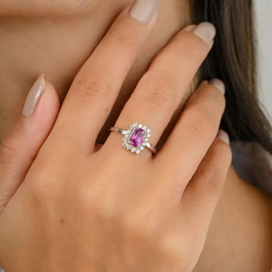 Octagon Cut Ruby & Diamond Engagement Ring in 14k Solid White Gold