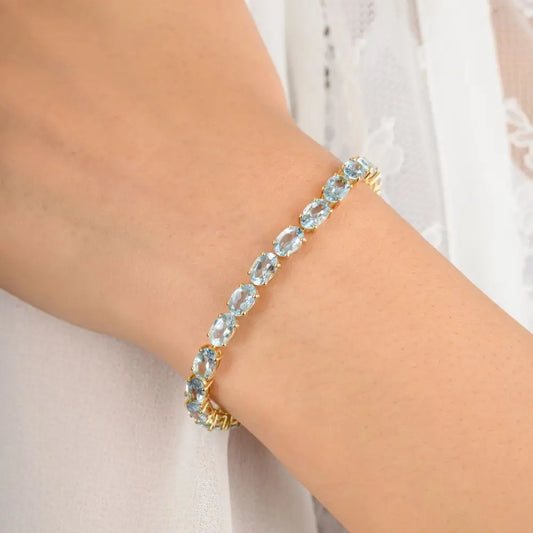 High Quality Oval Cut Aquamarine Tennis Bracelet in 18k Solid Yellow Gold