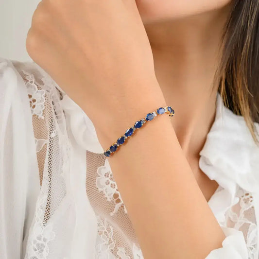 Natural Blue Sapphire & Diamond Tennis Bracelet in 18k Solid Yellow Gold