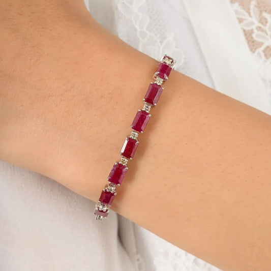 Octagon Cut Ruby & Diamond Tennis Bracelet in 14k Solid White Gold