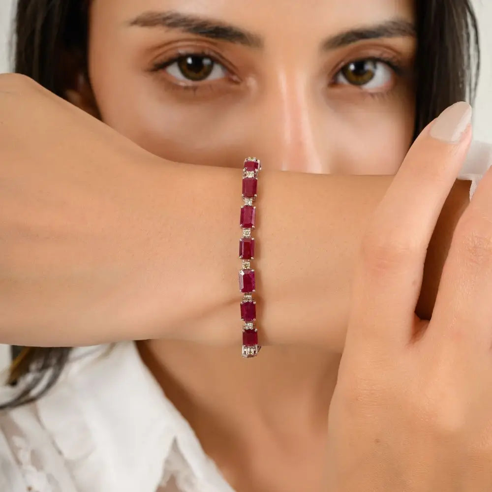 Octagon Cut Ruby & Diamond Tennis Bracelet in 14k Solid White Gold
