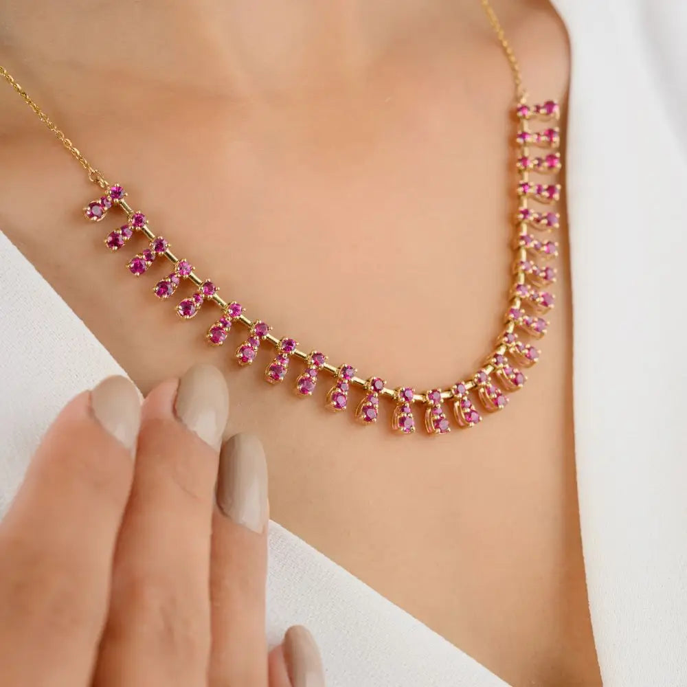 High Quality Natural Round Cut Ruby Choker Necklace in 14k Yellow Gold