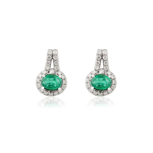 Natural Emerald & Diamond Stud Earrings in 14k Solid White Gold