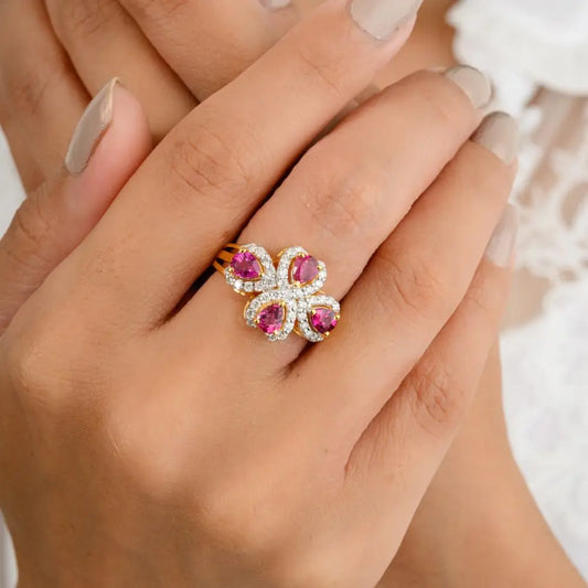 Natural Pear Cut Ruby and Diamond Cluster Ring in 18k Solid Yellow Gold