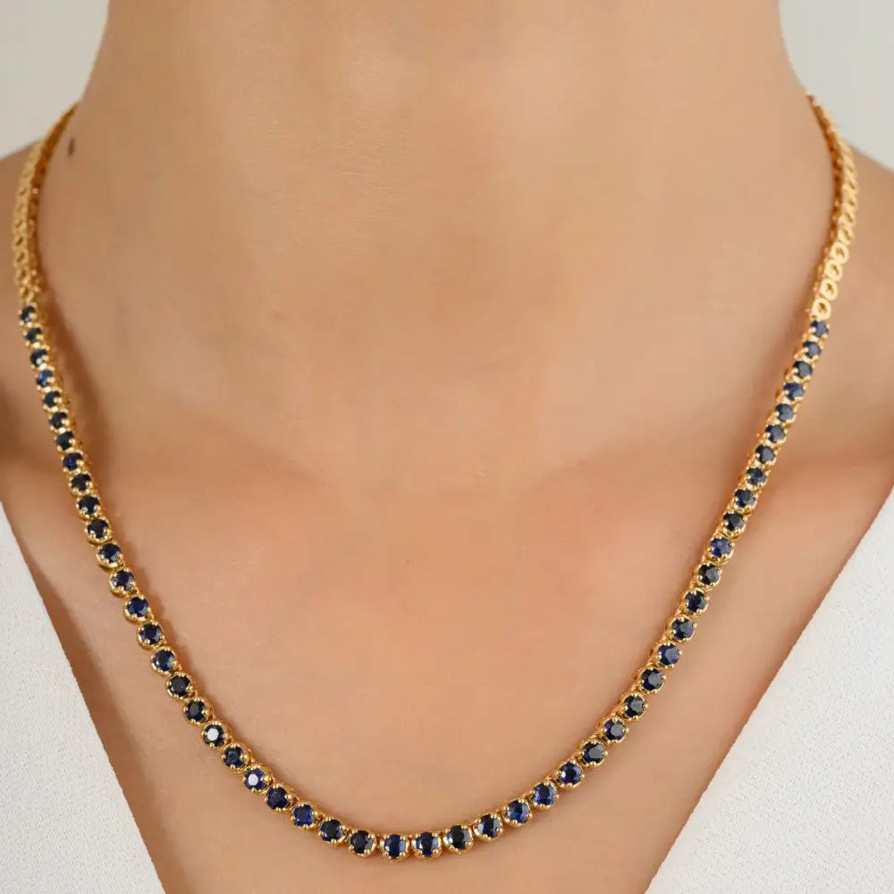 Round Cut Blue Sapphire Choker Tennis Necklace in 18k Solid Yellow Gold