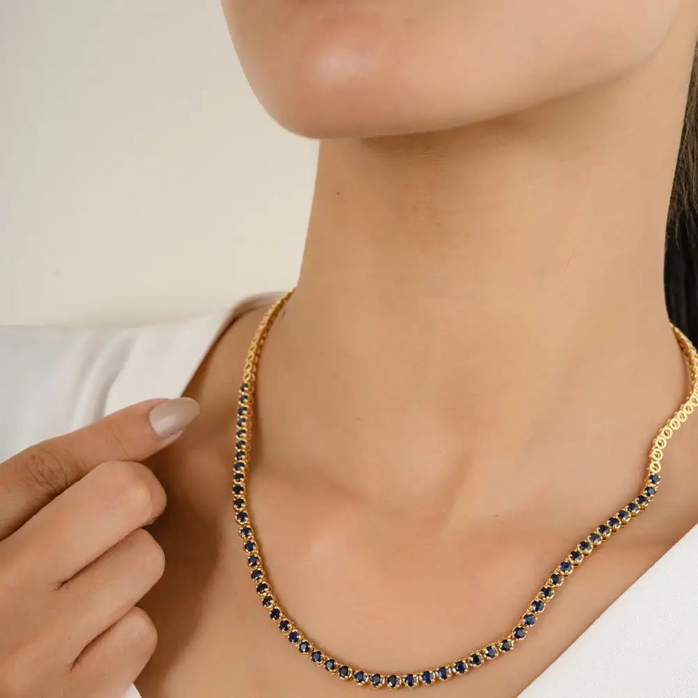 Round Cut Blue Sapphire Choker Tennis Necklace in 18k Solid Yellow Gold