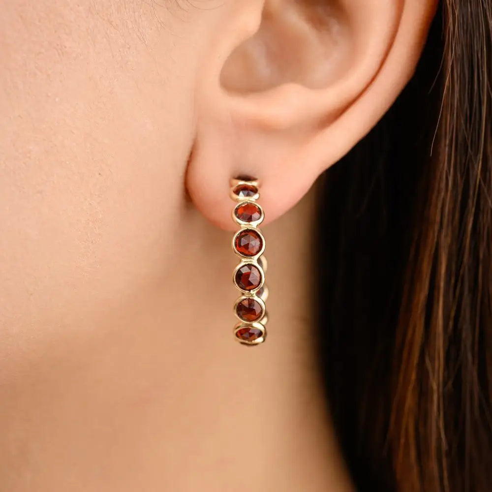 Delicate Natural Garnet Hoop Earrings Fine Jewelry in 14k Yellow Gold