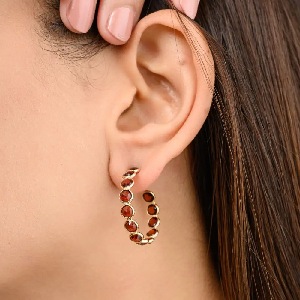 Delicate Natural Garnet Hoop Earrings Fine Jewelry in 14k Yellow Gold