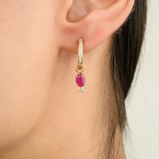 Best Quality Natural Oval Cut Ruby and Diamond Classic Huggie Hoop Earrings