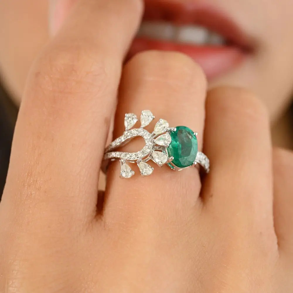 Unique Design Emerald & Diamond Cocktail Ring in 18k Solid White Gold