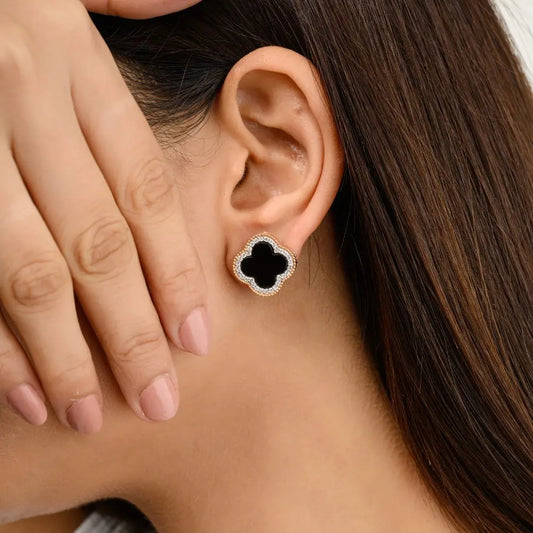 High-Quality Black Onyx & Diamond Clover Stud Earrings in 18k Rose Gold