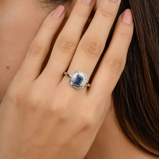Natural Blue Sapphire & Diamond Engagement Ring in 18k Solid White Gold
