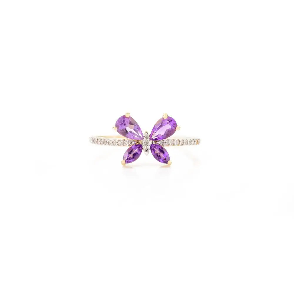 New Trendy Design Natural Amethyst & Diamond Dainty Butterfly Ring For Women