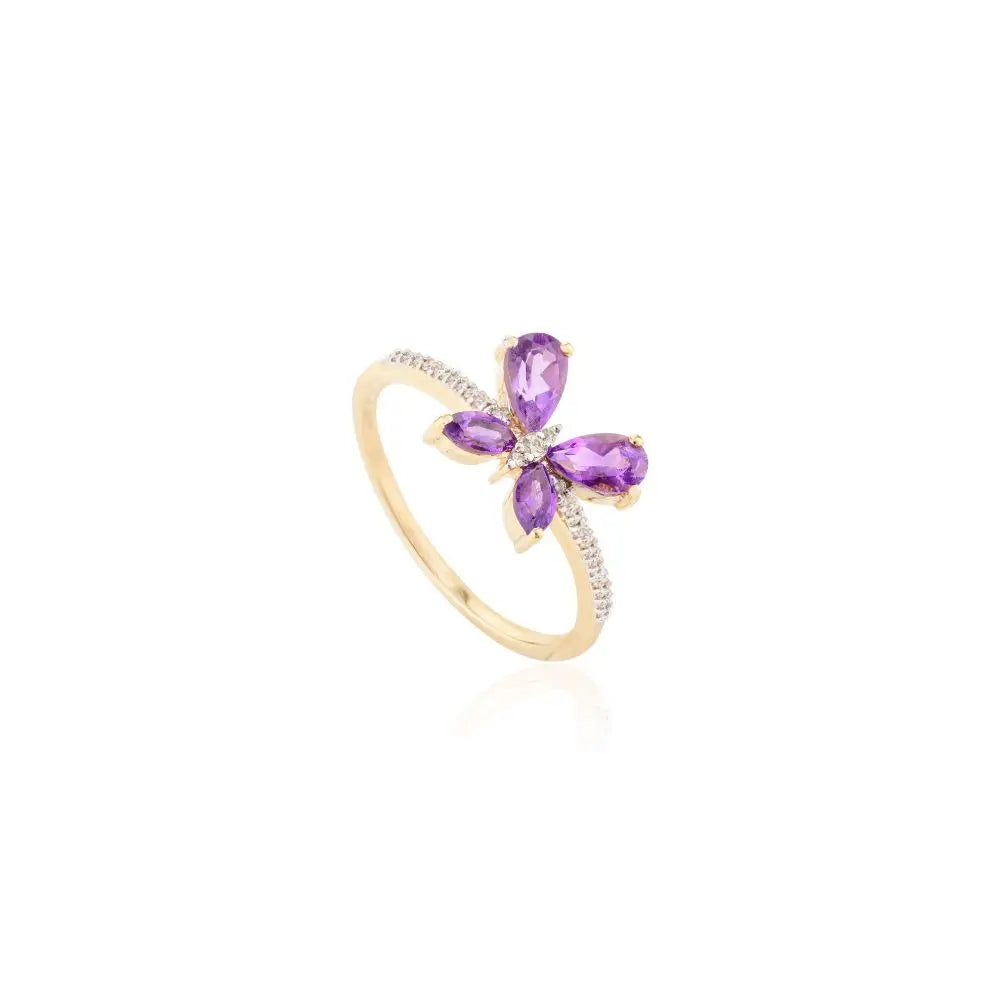 New Trendy Design Natural Amethyst & Diamond Dainty Butterfly Ring For Women