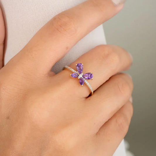 New Trendy Design Natural Amethyst & Diamond Dainty Butterfly Ring For Women