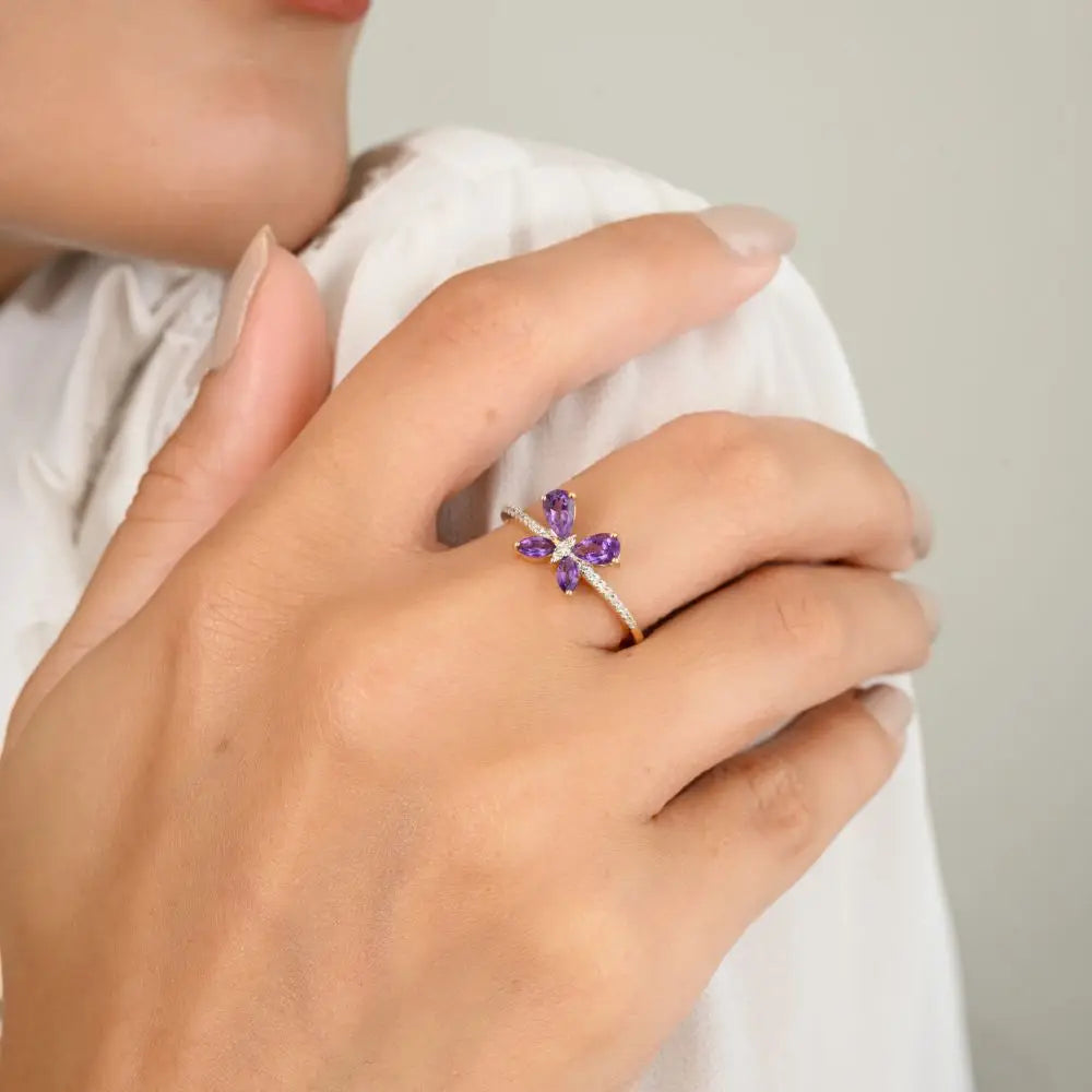 New Trendy Design Natural Amethyst & Diamond Dainty Butterfly Ring For Women